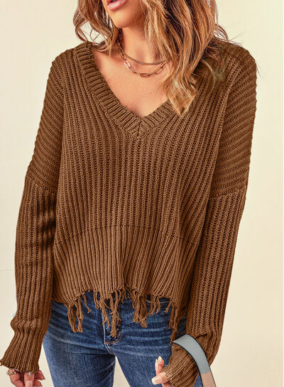 Fringe V-Neck Dropped Shoulder Sweater Trendsi