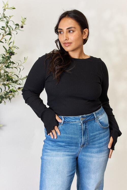 Culture Code Full Size Ribbed Round Neck Long Sleeve Top BLUE ZONE PLANET