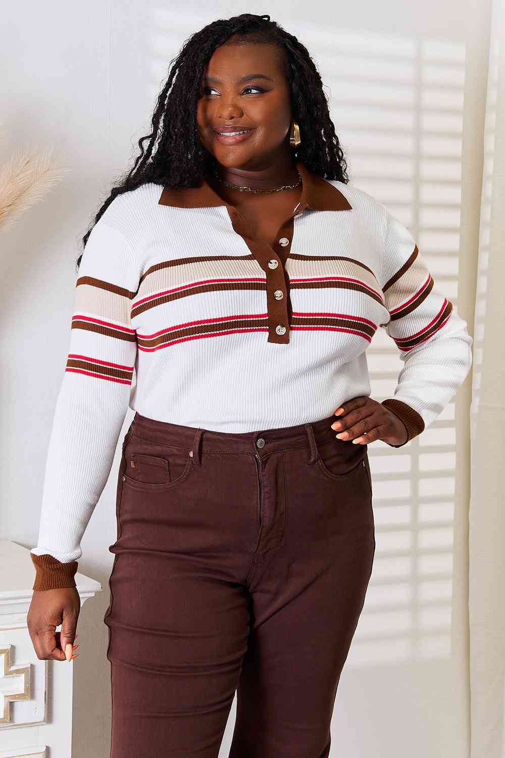 Basic Bae Striped Collared Neck Rib-Knit Top BLUE ZONE PLANET