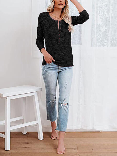 Round Neck Buttoned Long Sleeve T-Shirt BLUE ZONE PLANET
