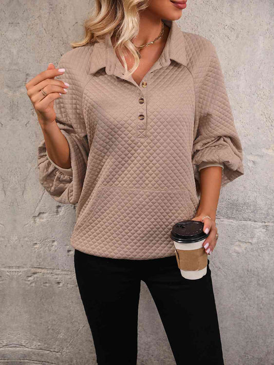 Collared Neck Buttoned Sweatshirt with Pocket BLUE ZONE PLANET