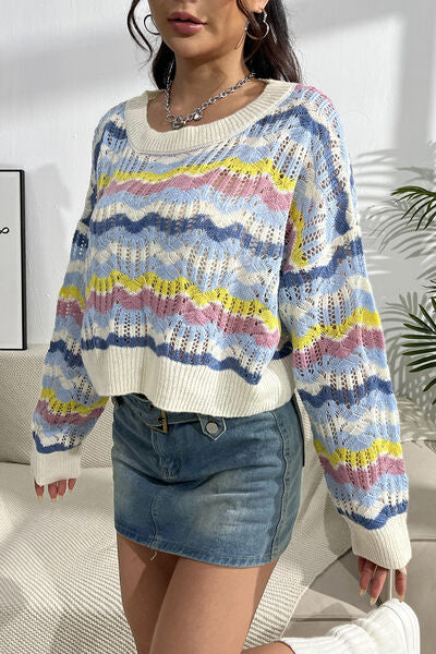 Blue Zone Planet | Striped Openwork Dropped Shoulder Sweater BLUE ZONE PLANET