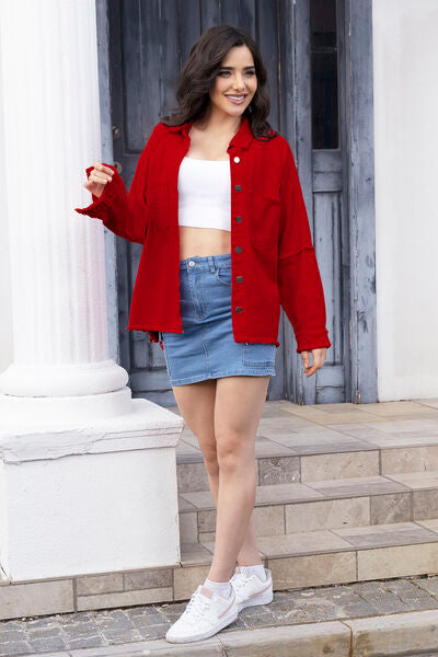 Raw Hem Pocketed Collared Neck Denim Jacket BLUE ZONE PLANET