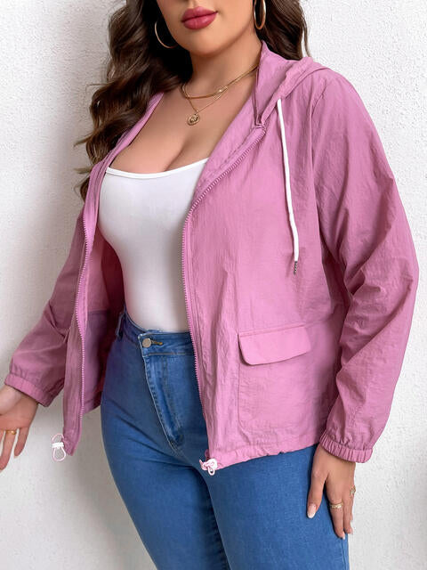 Plus Size Zip-Up Drawstring Hooded Jacket with Pockets BLUE ZONE PLANET
