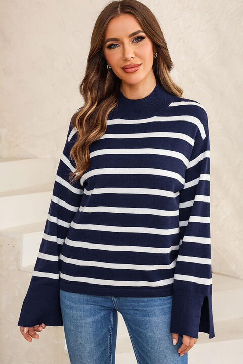 Striped Slit Drop Shoulder Sweater BLUE ZONE PLANET