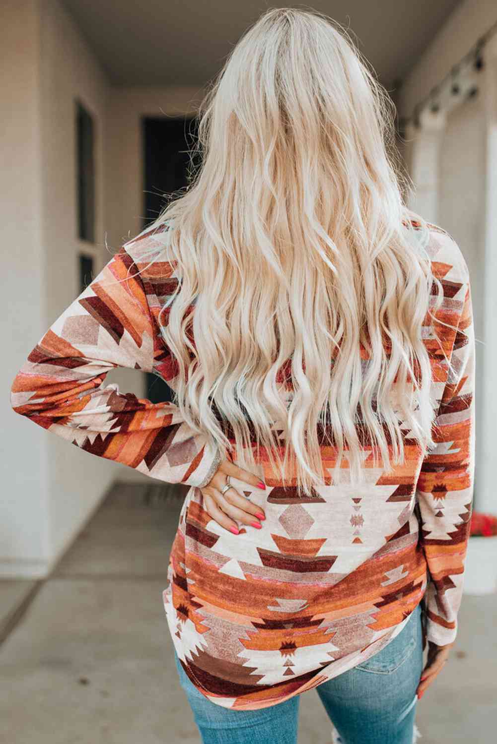 Printed Button Up Long Sleeve Shirt BLUE ZONE PLANET