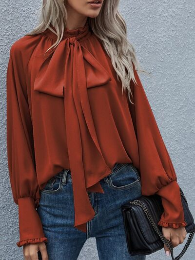 Blue Zone Planet | Tie Neck Lantern Sleeve Blouse BLUE ZONE PLANET