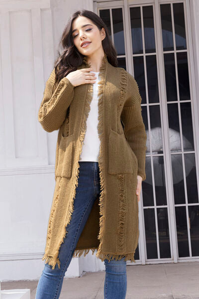 Fringe Trim Open Front Cardigan with Pockets BLUE ZONE PLANET