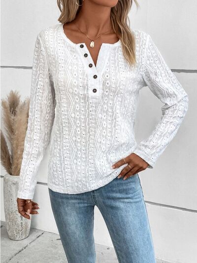 Blue Zone Planet | Openwork Half Button Long Sleeve Blouse BLUE ZONE PLANET