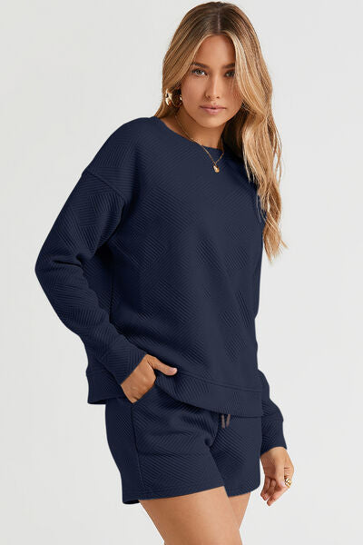 Double Take Full Size Texture Long Sleeve Top and Drawstring Shorts Set BLUE ZONE PLANET