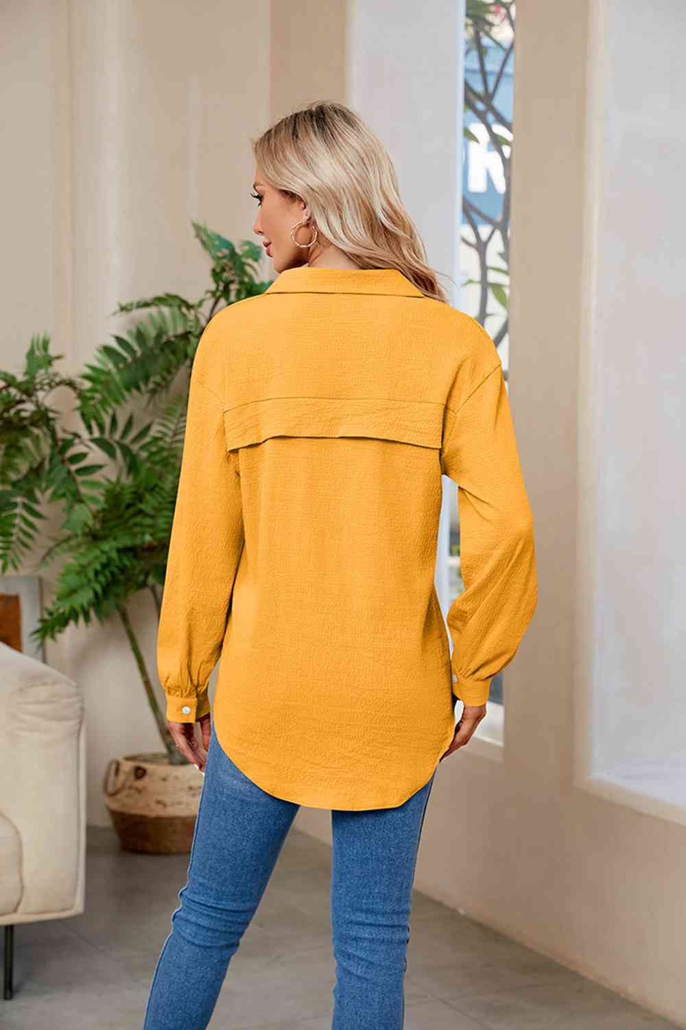 Collared Neck Buttoned Long Sleeve Shirt BLUE ZONE PLANET