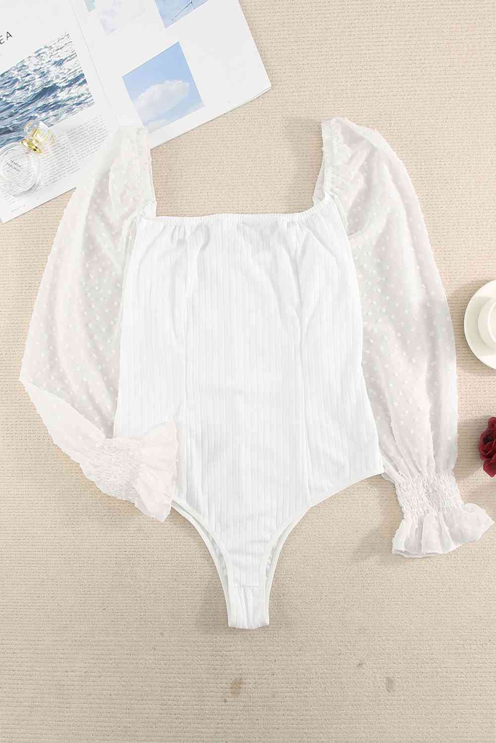 Swiss Dot Flounce Sleeve Square Neck Bodysuit BLUE ZONE PLANET