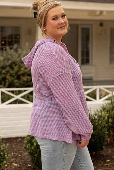 Plus Size Waffle Knit Drawstring Half Button Hooded Knit Top BLUE ZONE PLANET