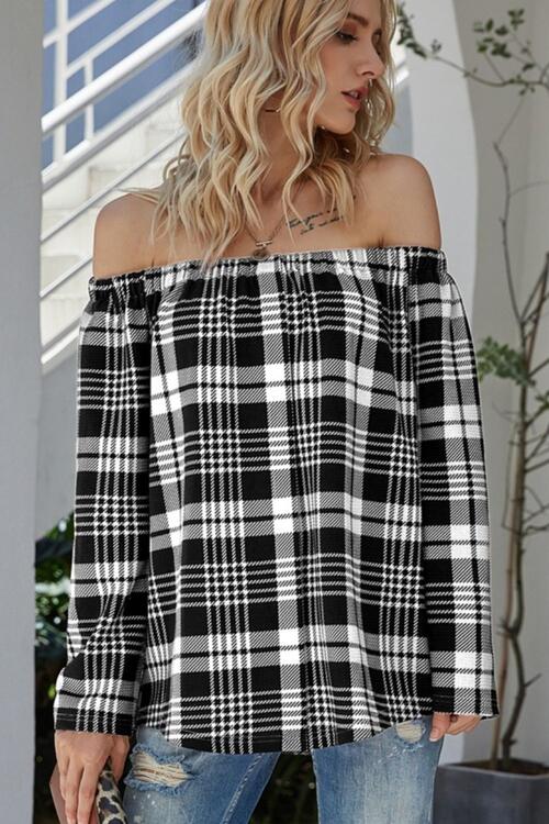 Off-Shoulder Striped Long Sleeve T-Shirt BLUE ZONE PLANET