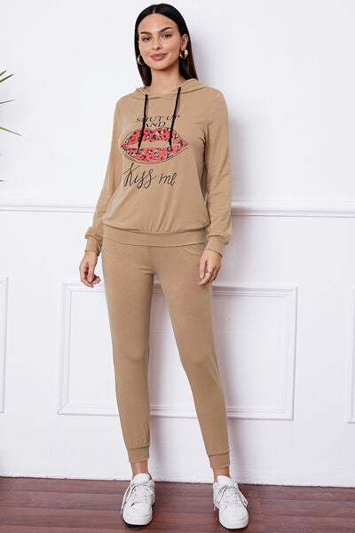 Blue Zone Planet | SHUT UP AND KISS ME Lip Graphic Hooded Top and Drawstring Pants Set BLUE ZONE PLANET