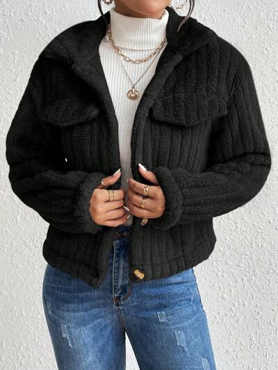 Blue Zone Planet | Fuzzy Button Up Collared Neck Jacket BLUE ZONE PLANET