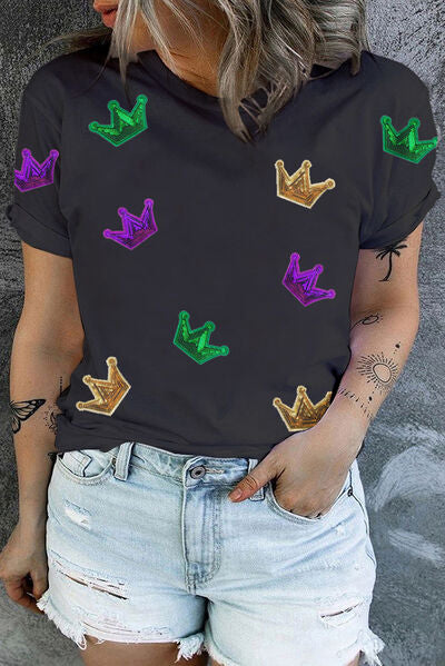 Plus Size Sequin Crown Print Round Neck T-Shirt BLUE ZONE PLANET