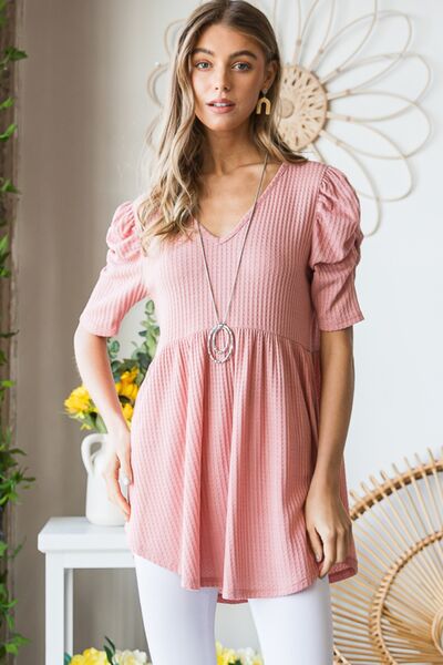 Blue Zone Planet | Heimish Full Size Waffle Knit V-Neck Babydoll Top BLUE ZONE PLANET