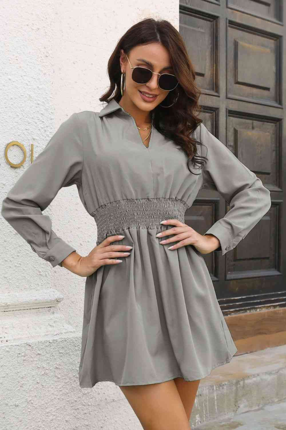 Johnny Collar Smocked Waist Long Sleeve Mini Dress BLUE ZONE PLANET