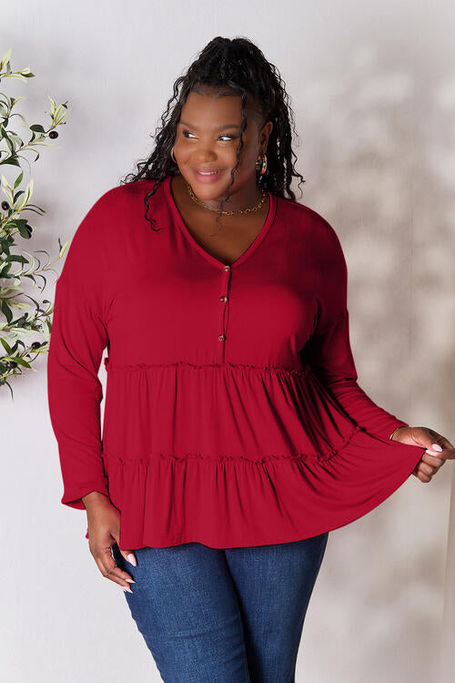Double Take Half Button Long Sleeve Ruffle Hem Blouse BLUE ZONE PLANET