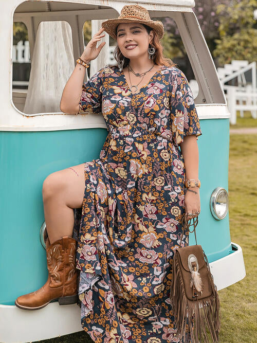 Floral V-Neck Short Sleeve Slit Dress BLUE ZONE PLANET