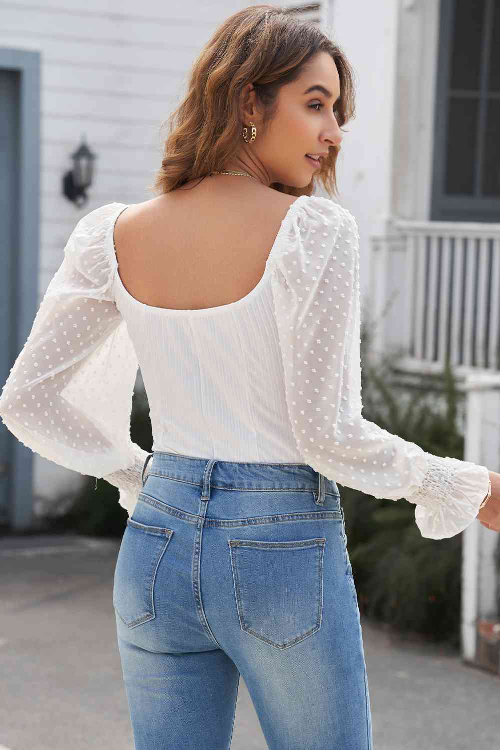 Swiss Dot Flounce Sleeve Square Neck Bodysuit BLUE ZONE PLANET