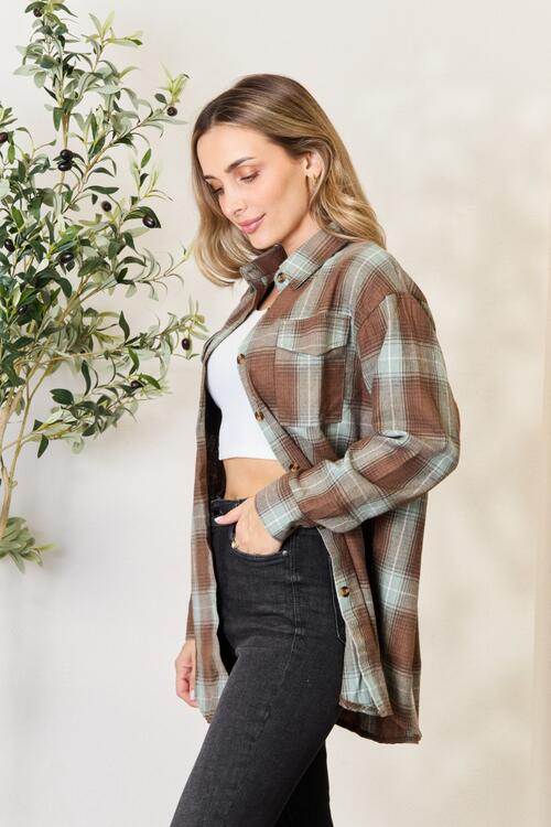 Double Take Plaid Dropped Shoulder Shirt BLUE ZONE PLANET
