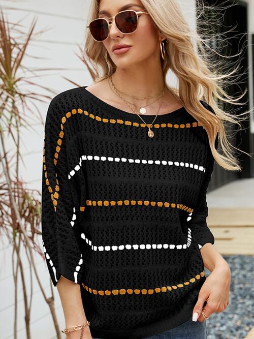 Eyelet Striped Round Neck Knit Top BLUE ZONE PLANET
