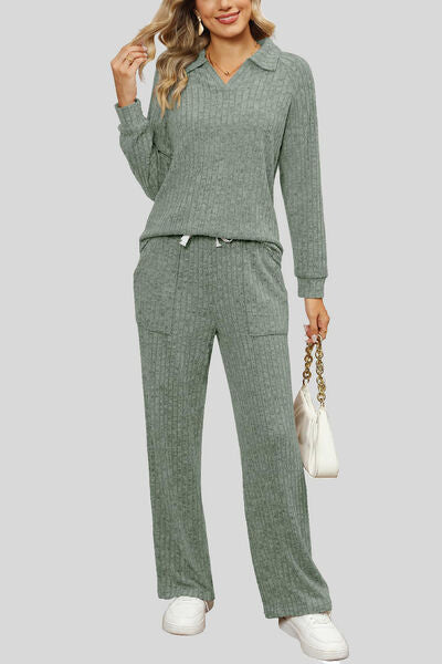 Blue Zone Planet | Ribbed Long Sleeve Top and Pocketed Pants Set BLUE ZONE PLANET