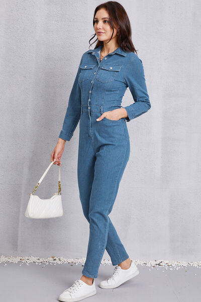 Blue Zone Planet |  Snap Down Denim Jumpsuit with Pockets BLUE ZONE PLANET