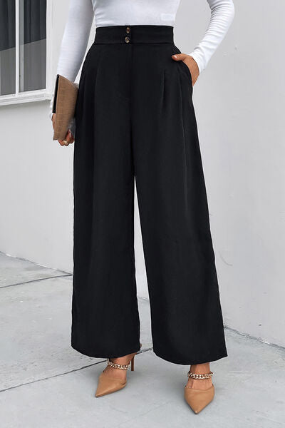Blue Zone Planet | High Waist Ruched Pocketed Wide Leg Pants BLUE ZONE PLANET