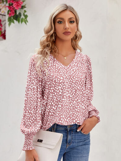 Blue Zone Planet | Printed V-Neck Lantern Sleeve Blouse BLUE ZONE PLANET