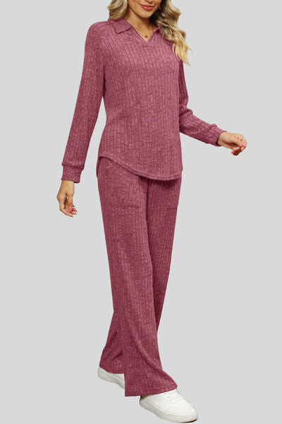 Blue Zone Planet | Ribbed Long Sleeve Top and Pocketed Pants Set BLUE ZONE PLANET