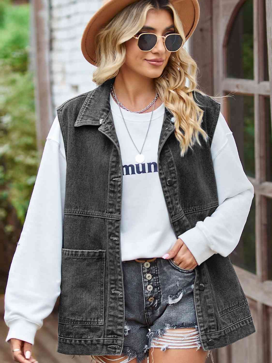 Button Front Sleeveless Denim Jacket BLUE ZONE PLANET