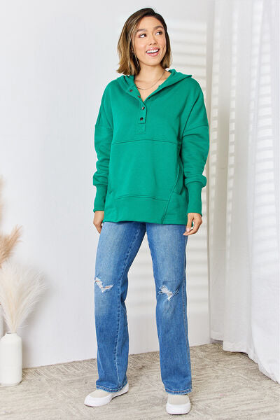 Zenana Half Snap Long Sleeve Hoodie BLUE ZONE PLANET