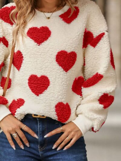 Blue Zone Planet | Fuzzy Heart Dropped Shoulder Sweatshirt BLUE ZONE PLANET