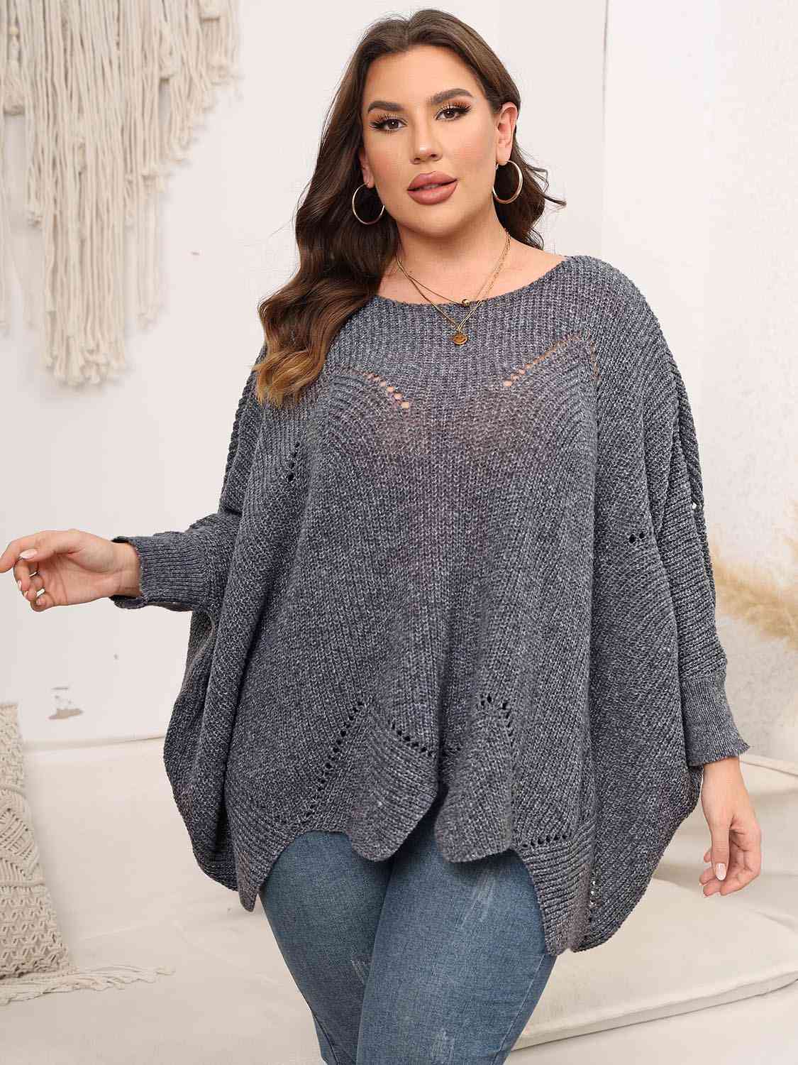Plus Size Round Neck Batwing Sleeve Sweater BLUE ZONE PLANET