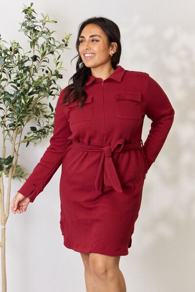 Culture Code Full Size Tie Front Half Zip Long Sleeve Shirt Dress BLUE ZONE PLANET