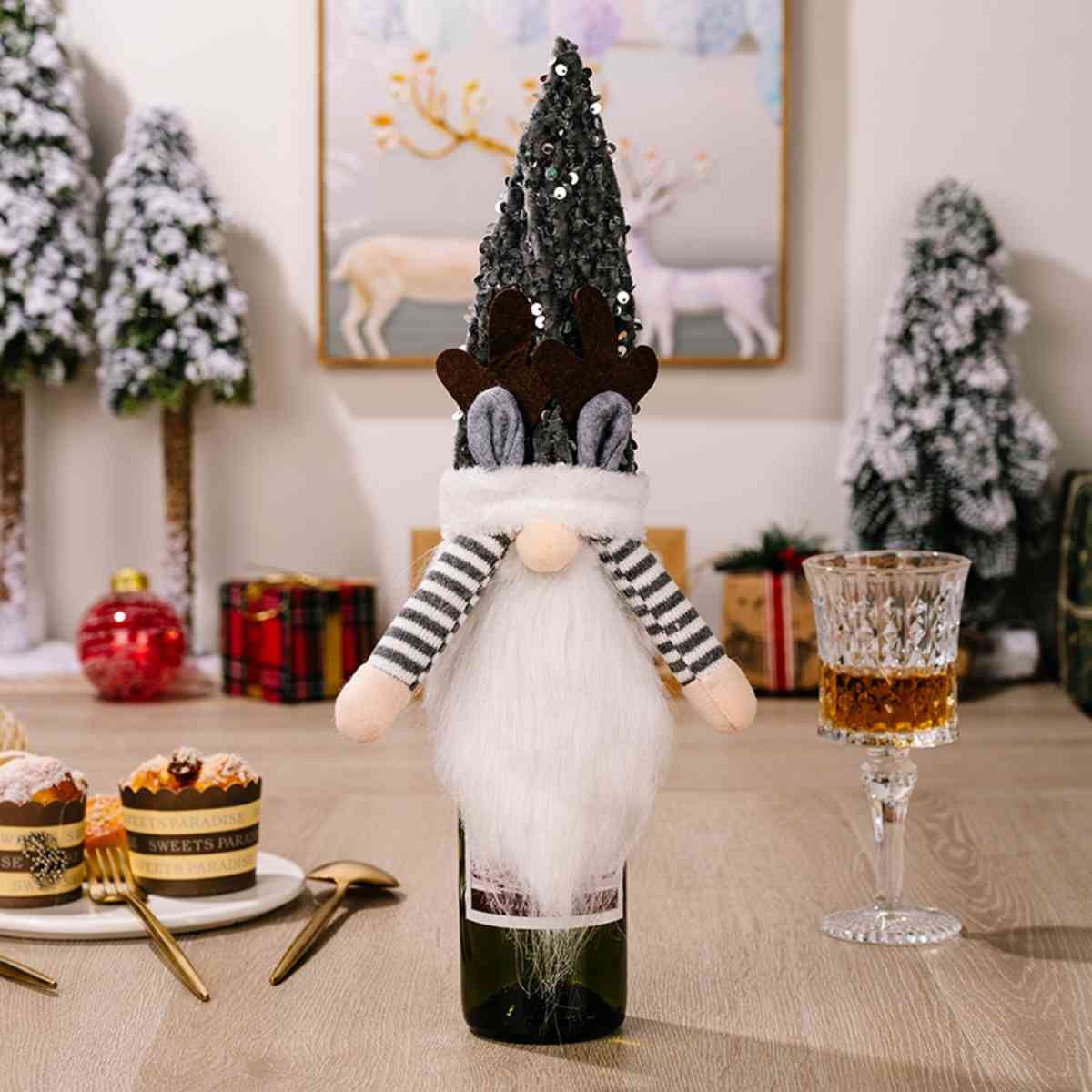 Sequin Pointed Hat Faceless Gnome Wine Bottle Cover BLUE ZONE PLANET