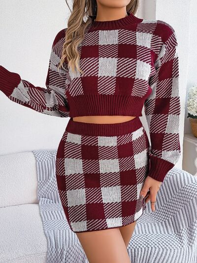 Blue Zone Planet | Plaid Round Neck Top and Skirt Sweater Set BLUE ZONE PLANET