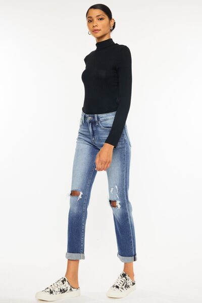 Kancan High Waist Distressed Hem Detail Cropped Straight Jeans BLUE ZONE PLANET
