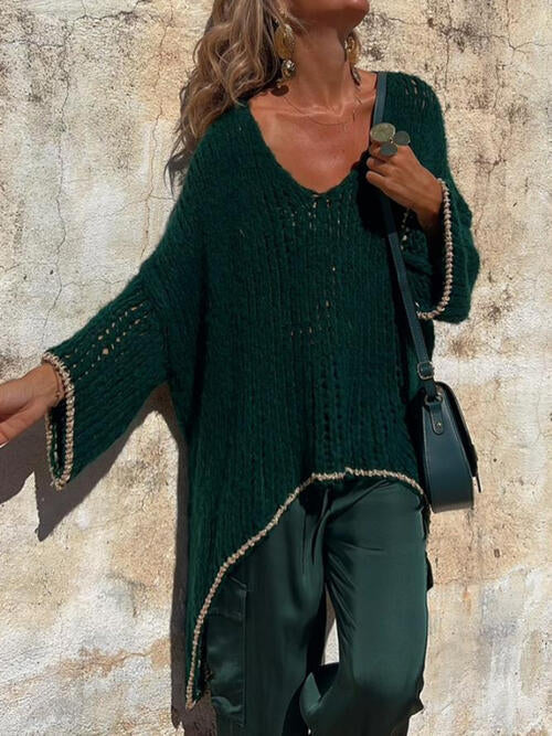 Contrast V-Neck Long Sleeve Sweater BLUE ZONE PLANET