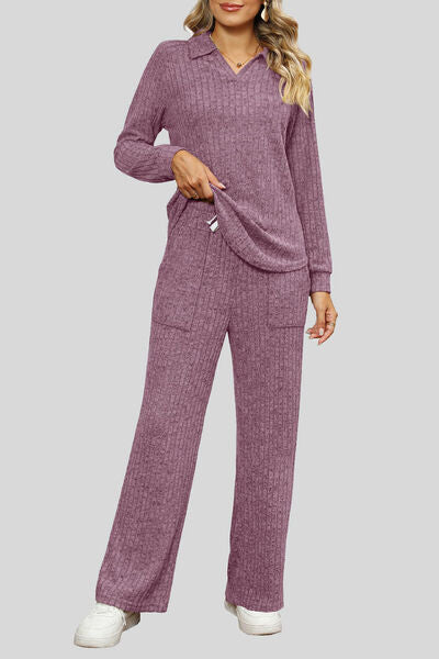 Blue Zone Planet | Ribbed Long Sleeve Top and Pocketed Pants Set BLUE ZONE PLANET