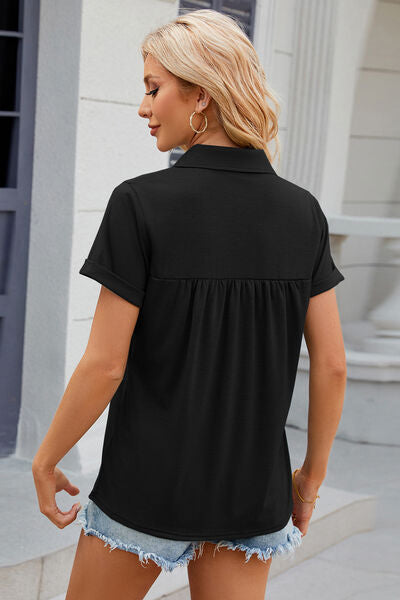 Blue Zone Planet | Ruched Johnny Collar Short Sleeve Blouse BLUE ZONE PLANET