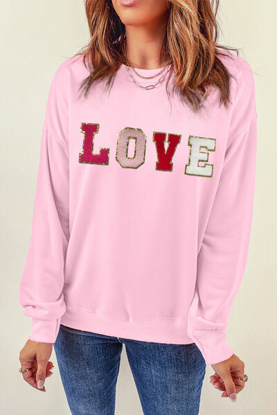Blue Zone Planet | LOVE Patch Round Neck Dropped Shoulder Sweatshirt BLUE ZONE PLANET