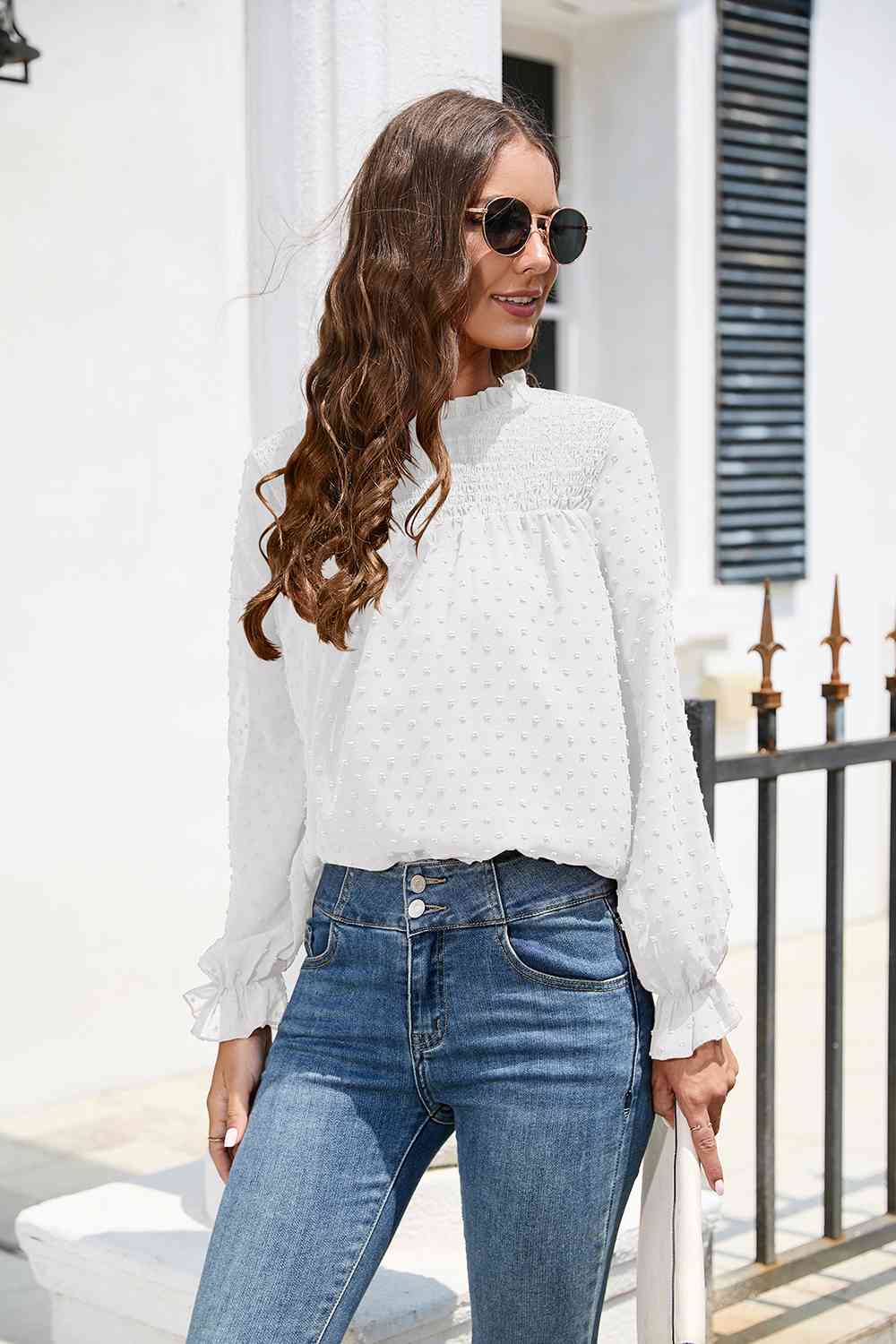 Smocked Mock Neck Swiss Dot Top BLUE ZONE PLANET