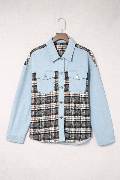 Blue Zone Planet | Plaid Pocketed Button Up Denim Jacket BLUE ZONE PLANET