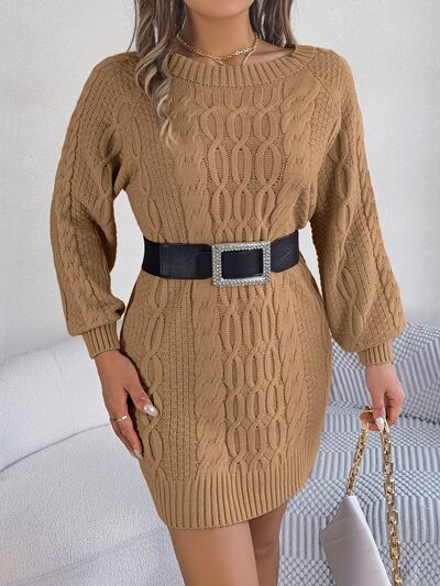 Blue Zone Planet | Cable-Knit Round Neck Sweater Dress BLUE ZONE PLANET