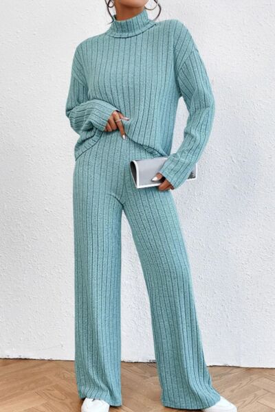 Blue Zone Planet | Mock Neck Dropped Shoulder Top and Pants Set BLUE ZONE PLANET