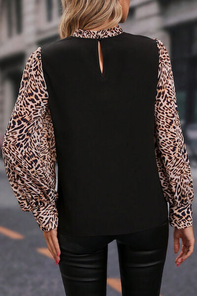Blue Zone Planet | Leopard Mock Neck Lantern Sleeve Blouse BLUE ZONE PLANET